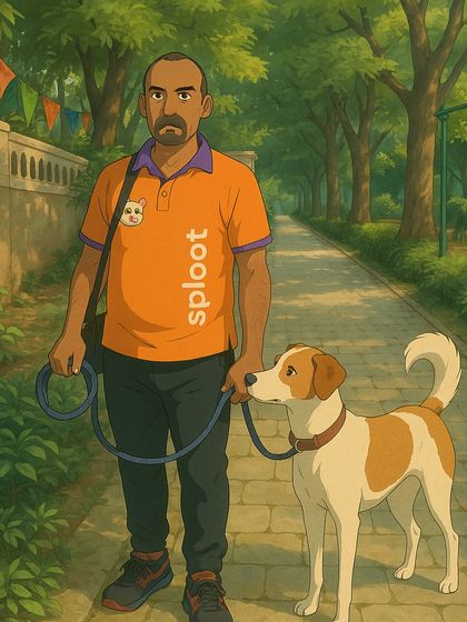 An Indie dog and his walker, brought to life in a classic animated style, representing the everyday heroes of our community.