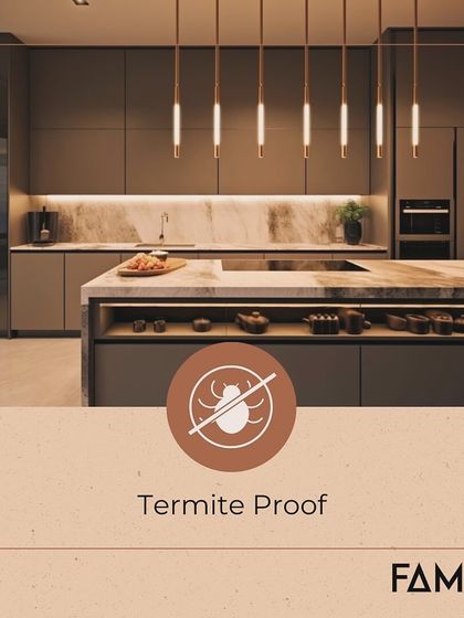This kitchen showcases the termite-proof quality of my M-Core material. It’s an essential feature for ensuring the structural integrity and long-term durability of your cabinetry and island.