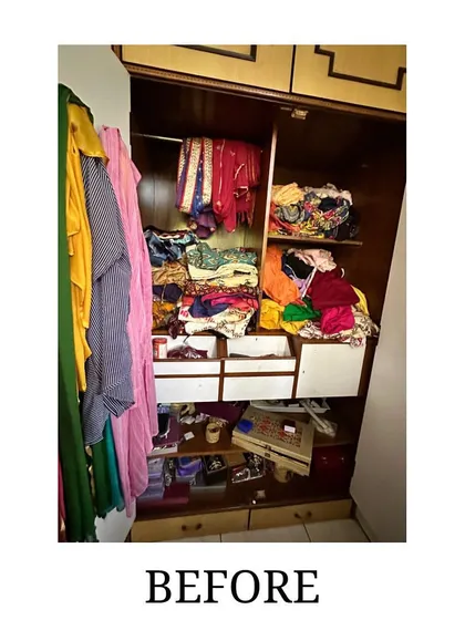Before: The "Her" side of the wardrobe, with clothes and accessories piled up, making it hard to find anything.