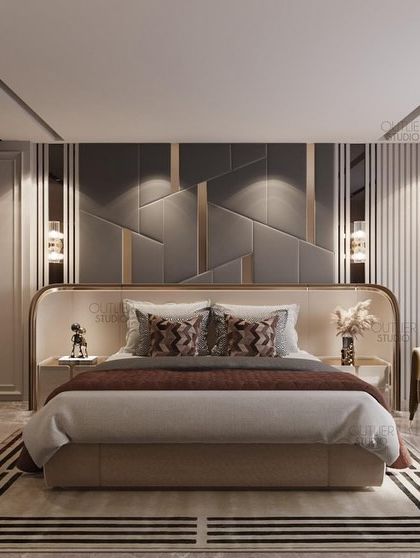 Unveiling the essence of modern bedrooms. This design features a striking geometric upholstered wall, a minimalist bed frame, and clean lines for a look that is both contemporary and timeless.