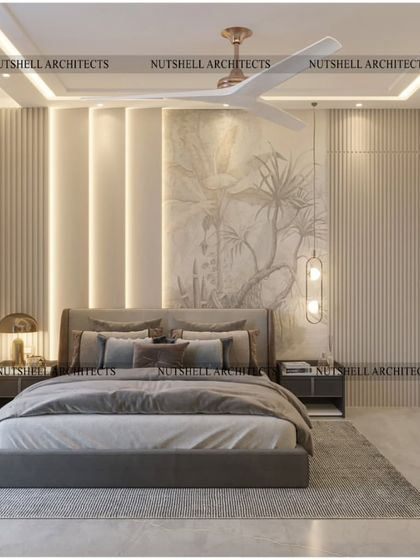 A serene and artistic bedroom design. The wall behind the bed features a delicate, hand-painted mural, complemented by modern pendant lights and a neutral color palette.