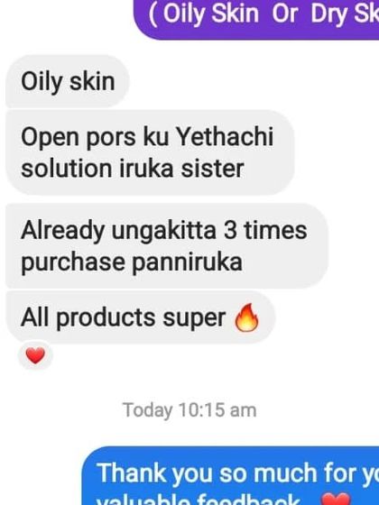 A loyal customer who has purchased three times already and confirms all products are "super." Now she's looking for a solution for open pores, and I am here to help.