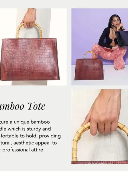 Our Bamboo Tote, featuring a unique and sturdy bamboo handle that is comfortable to hold and adds a natural appeal to your professional look.