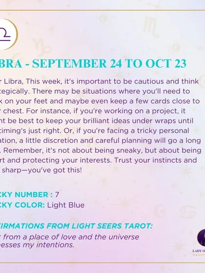 A weekly tarot forecast for Libra. This week, it's important to be cautious and think strategically. It's not about being sneaky, but about being smart and protecting your interests. Trust your instincts and stay sharp.