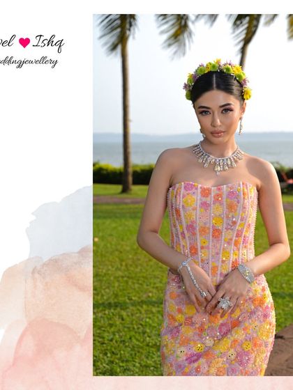 Another shot of this gorgeous destination wedding look. The yellow diamond necklace adds a touch of luxury to the playful, colourful outfit.