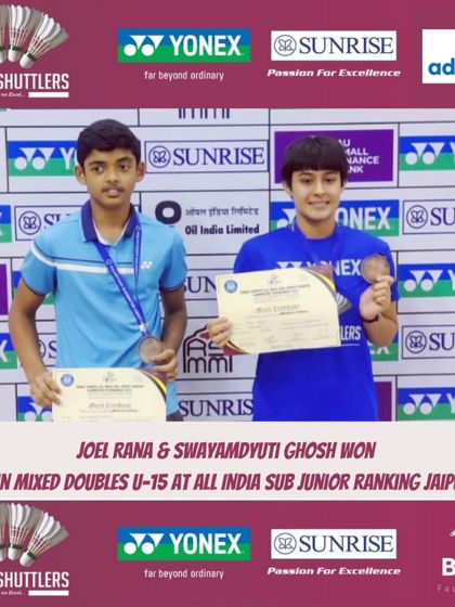 **Bronze at the Sub-Junior Nationals.** Joel Rana and Swayamdyuti Ghosh with their bronze medals in Mixed Doubles U-15 at the National Championship in Jaipur. Their teamwork is a result of dedicated doubles-specific training.