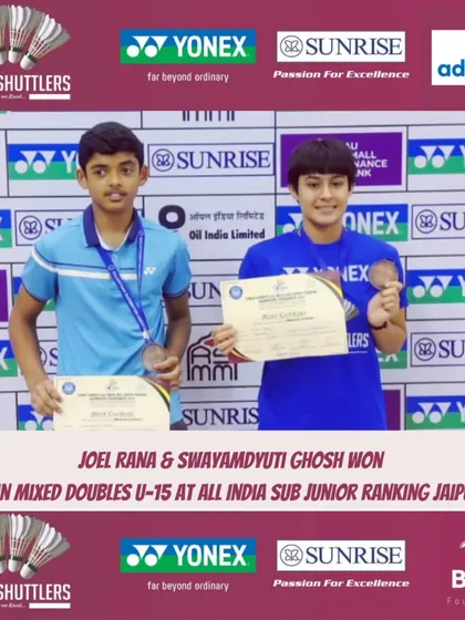 Joel Rana and Swayamduti Ghosh with their bronze medals in Mixed Doubles U-15 at the All India Sub-Junior Ranking in Jaipur. This shows our strength in developing formidable doubles pairings.