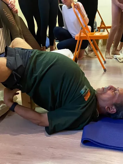 A supported bridge pose.