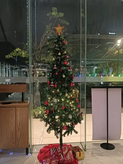 A classic Christmas tree setup for an office corner. We decorated this tree with red and gold ornaments, fairy lights, and a star on top, bringing that cozy holiday feeling to the workplace.