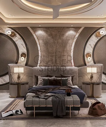 This master suite is a curated escape, designed as a private sanctuary. The symmetrical design, featuring a dramatic arched headboard, layered lighting, and a serene color palette, creates a sense of balanced and sophisticated comfort.