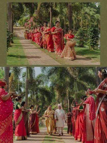 A collage of the bride's and groom's entrances, surrounded by family and tradition. The line of women in red sarees creates a beautiful and colorful welcome for the couple.