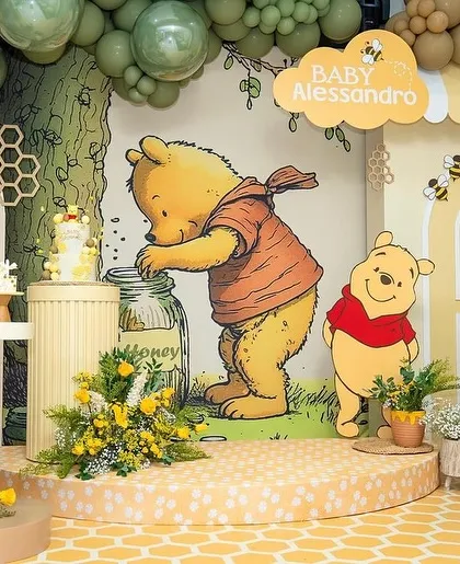 A detailed shot of the Winnie the Pooh backdrop, highlighting the artwork and character placement.