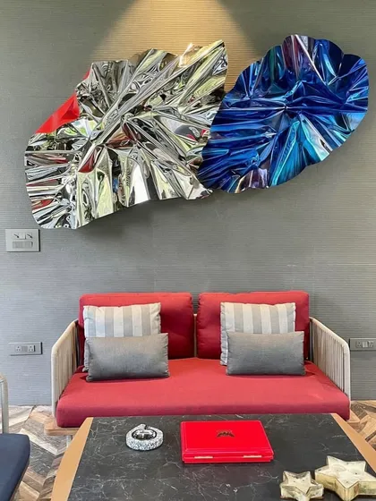 This shows how a large-scale Meteor installation can transform a living space. The bold combination of electric blue, reflective silver, and a touch of red creates a powerful focal point, demonstrating how my art integrates with interior design.