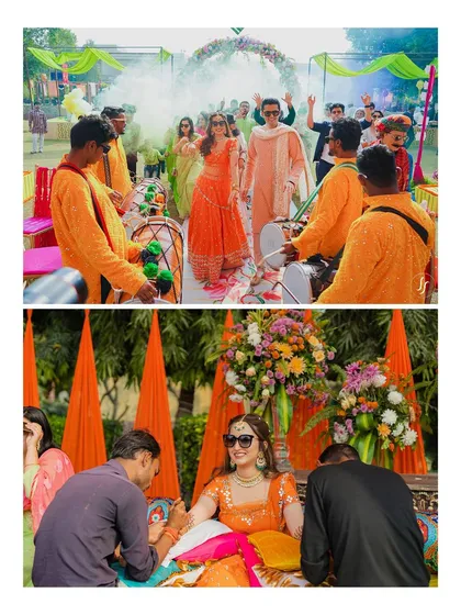 The couple makes a grand entrance with dhol players, setting a festive tone for the Mehendi.
