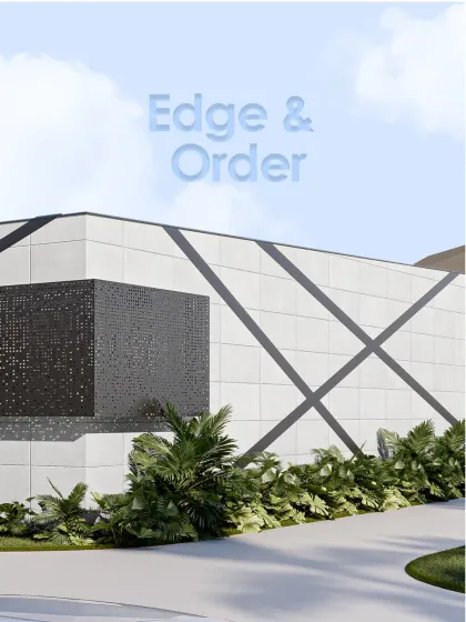 Titled "Edge & Order," this image shows how clean insulated panels provide a backdrop for a taut lattice of diagonal ribs. This graphic overlay signals process efficiency and structural resilience.