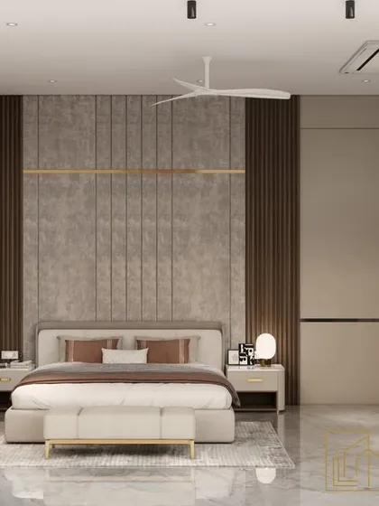 A full view of the bedroom, showing the balance between the soft, upholstered wall and the sleek, polished marble flooring. A comfortable armchair and reading lamp create a cozy corner for relaxation.