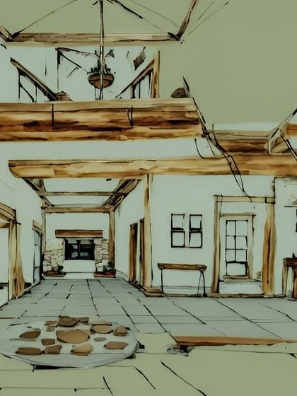 Every great structure begins with a vision. Here is a look at the initial sketch of the interior of the farmhouse, thoughtfully transitioning from concept to material selection.