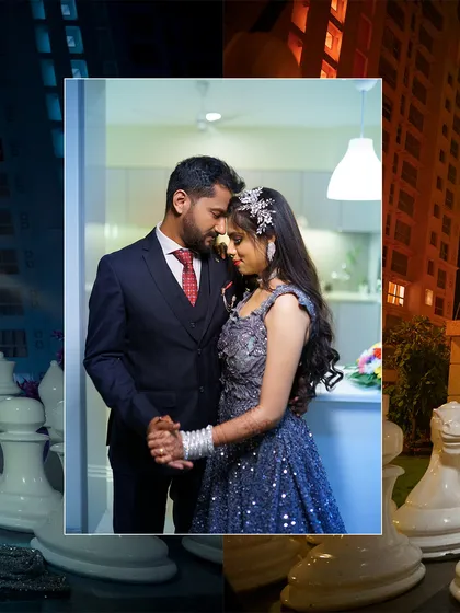 A creative collage blending an intimate couple portrait with the dramatic backdrop of the giant chessboard, creating a visually interesting and modern wedding photo.