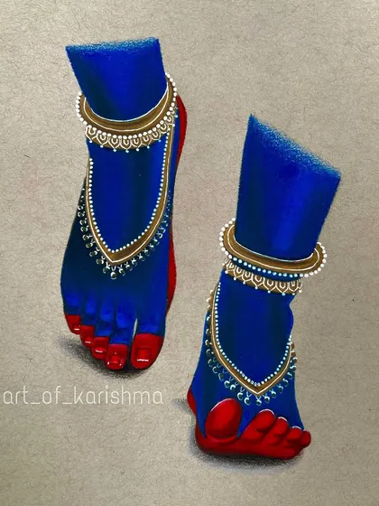 If you are true, don’t worry, he’s coming for you. A simple, devotional piece focusing on Krishna's feet, adorned and ready.