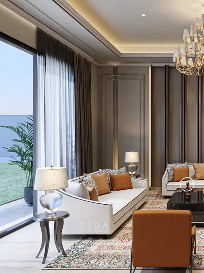 This angle shows how the formal living room connects to the outdoors through a large glass door. The arrangement of the furniture is designed to feel welcoming while maintaining a sense of formal elegance.