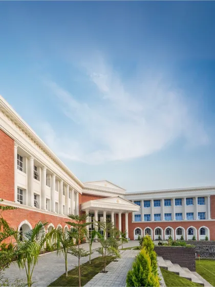 The completed first phase of Riverton Valley School in Bhopal. The neo-classical architectural style, combined with expansive green lawns, creates a grand yet welcoming environment for students to learn and grow.