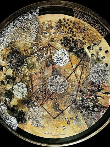 Another of Nandita Chaudhuri's 'Alchemical Circles,' where dots and dashes form constellations, inviting viewers into a world of meticulous, quiet intention.