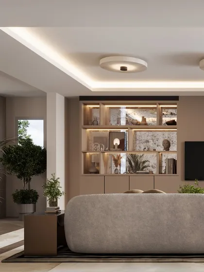 A cozy, informal living space in London, featuring a plush bouclé sofa and custom-lit shelving. The render is designed to feel warm, comfortable, and lived-in.