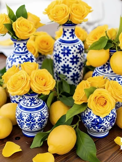 A collection of blue and white ceramic vases filled with yellow roses and surrounded by fresh lemons. This classic color combination is central to the Mediterranean theme.