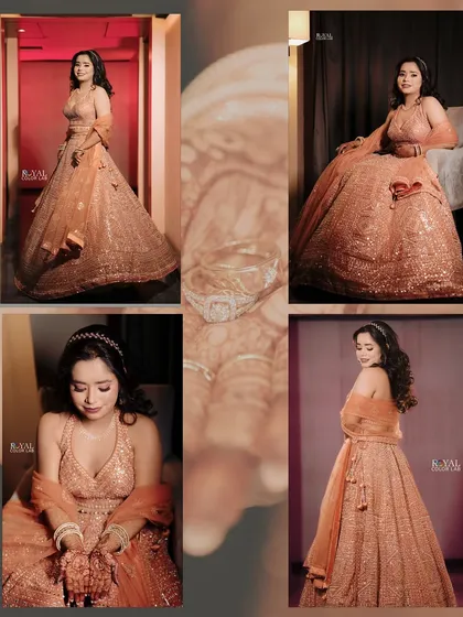 A collage showcasing the bride's stunning engagement look, with portraits of her in a beautiful peach lehenga.