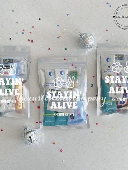 "Stayin' Alive" recovery kits for the morning after the big party. These fun and practical hangover kits are a thoughtful favor that your guests will definitely appreciate.