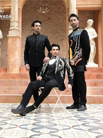 A powerful group shot featuring three of our signature Crown & Collar designs, including the baroque embroidered tuxedo and the abstract art bandhgala.
