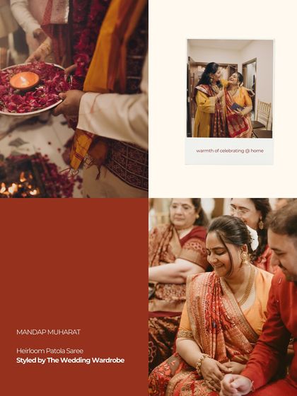 A collage showing the bridesmaid's look for the Mandap Muharat, featuring a beautiful heirloom Patola saree. This demonstrates how we curate different looks for each event.