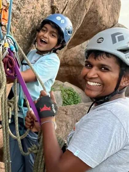 Climbing is a journey for all ages. Here, a mother and daughter share a moment of joy and accomplishment on the rock. We love seeing families connect with the outdoors and build lasting memories with our community.