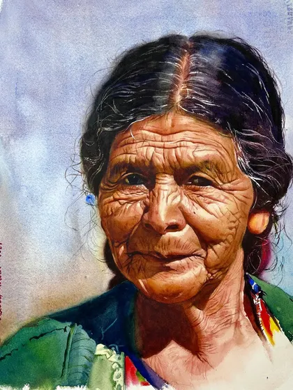 This advanced portrait captures a gentle, sun-kissed expression. We focus on rendering the complex patterns of wrinkles under direct light and the softness of aging skin.