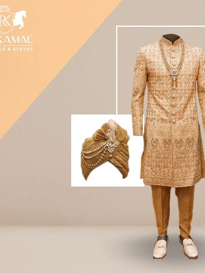 A complete groom's look featuring a golden sherwani and a matching ornate turban. This is a timeless combination that speaks of luxury and tradition.