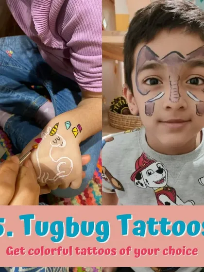 Our Tugbug Tattoos and face painting are always a hit. A facilitator carefully paints a unicorn design, while another child shows off his cool elephant face paint.