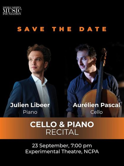 The official "Save the Date" announcement for the Cello & Piano Recital featuring Julien Libeer and Aurélien Pascal, with a program of Beethoven, Brahms, Debussy, and Fauré.