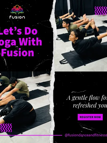 A collage showing different yoga poses from our classes, including Dhanurasana (Bow Pose) and Paschimottanasana (Seated Forward Bend). It's a gentle flow for a refreshed you.