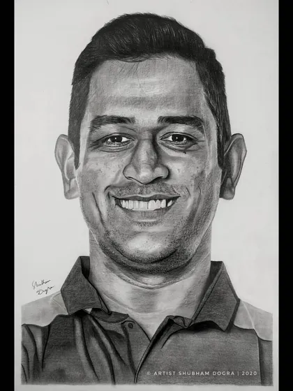 A realistic pencil portrait of a smiling MS Dhoni from my earlier work. This sketch focuses on capturing the precise details of his features, a testament to my dedication to realism.