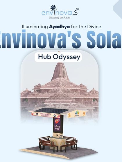 A promotional graphic illustrating our Solar Hub's presence in Ayodhya. It visually connects our sustainable technology with the iconic Ram Mandir, summarizing our mission to illuminate the sacred city.