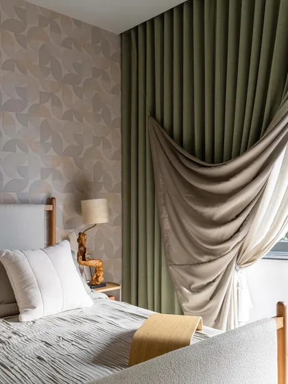 A bedroom from the 'House of the Rising Sun' project, showing a serene and minimalist design.