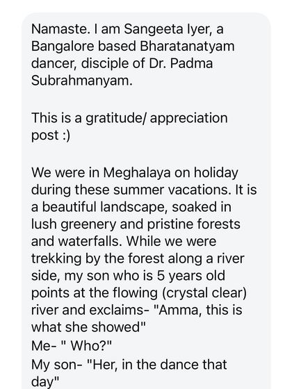 Another part of the touching message from Sangeetha Iyer. Knowing that our art can inspire a child to see the connection between a performance and the natural world is the greatest reward for an artist.