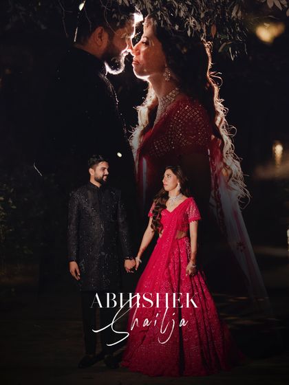 A romantic double-exposure portrait of the couple from their reception. The layering of a full-length shot with an intimate close-up creates a stunning, artistic effect.