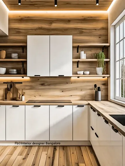 This Scandinavian-inspired kitchen combines white minimalist cabinets with warm wood textures for a clean and inviting feel. We integrated open shelving and under-cabinet lighting to enhance both functionality and ambiance, creating a perfect space for cooking and gathering.