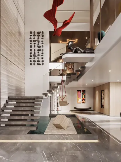A render of a multi-level entry and lounge area, showcasing a floating staircase and eclectic art pieces. This visual demonstrates our skill in creating dynamic, visually complex spaces that tell a story.