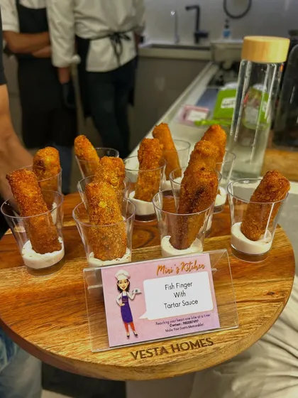 Classic Fish Fingers served individually in shot glasses with tartar sauce. This presentation is not only elegant but also makes it easy for guests to enjoy while mingling.