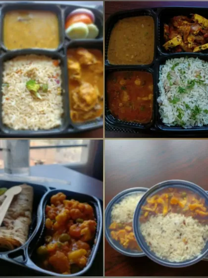 All my food in one frame. This collage shows the variety I offer, from full thalis with multiple compartments to simple roti-sabzi boxes and rice bowls.