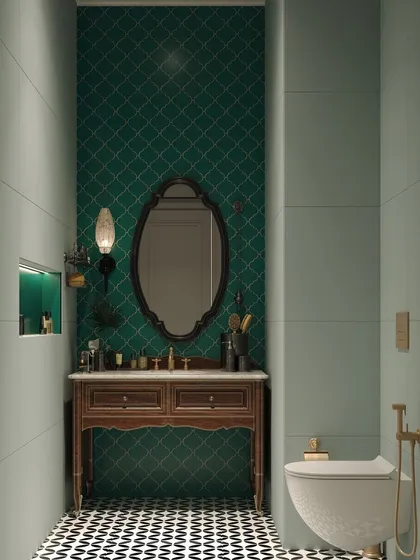 We love to play with bold colors and patterns. This bathroom render features a striking emerald green accent wall with a geometric tile pattern, contrasted with a dynamic black and white floor. The vintage-style vanity adds a touch of classic elegance.
