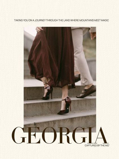 A stylish graphic announcing a pre-wedding shoot in Georgia. It focuses on the details of the couple's attire as they walk up a set of stairs, creating a sense of elegance and anticipation.