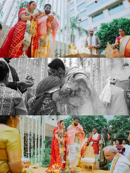 A collage of a South Indian wedding, mixing color and black and white to highlight emotional moments and rituals.